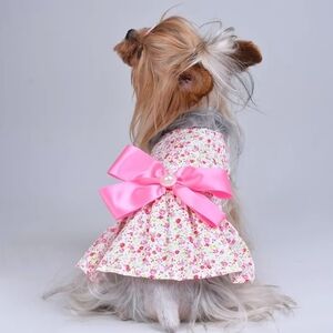 Xiharoom NWOT White Ditsy Floral Dog/Pet Dress with Pink Bow